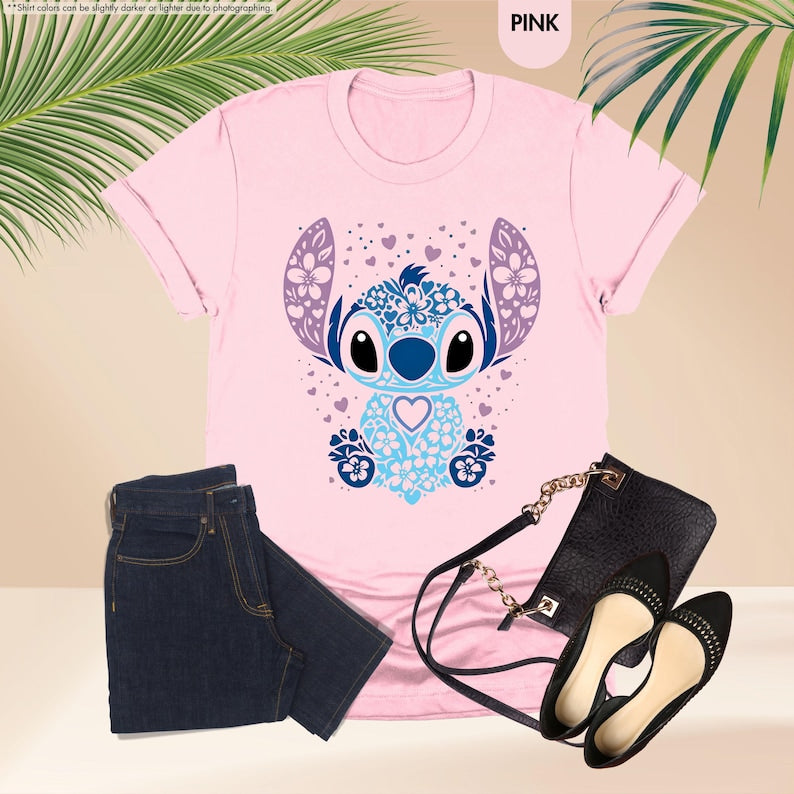 Stitch Floral T-Shirt, Cute Blue Alien Shirt for Disney product image 2