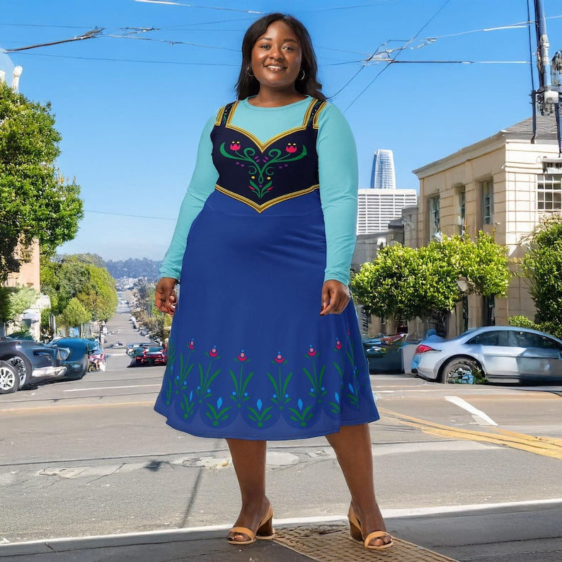 Anna Costume 2XS - 6XL Frozen Princess Pocket Dress Long Sleeve Knee Length Dance Party Plus Size Halloween Cosplay Bounding Cartoon Movie