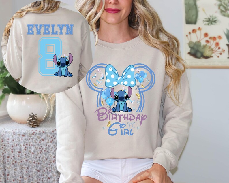Custom Name Disney Minnie Stitch Birthday Girl Sweatshirt product image 3