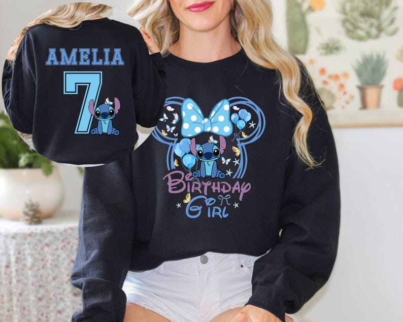 Custom Name Disney Minnie Stitch Birthday Girl Sweatshirt product image 1