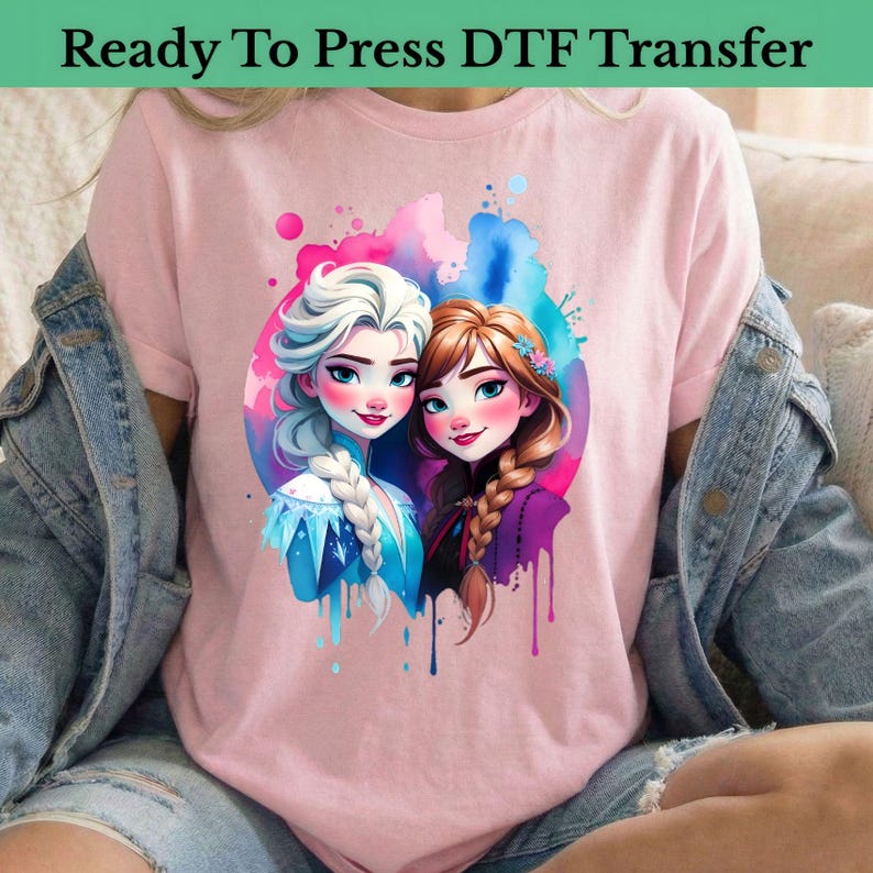 Elsa Anna Frozen Sisters DTF Transfer, Princess Cartoon product image 1