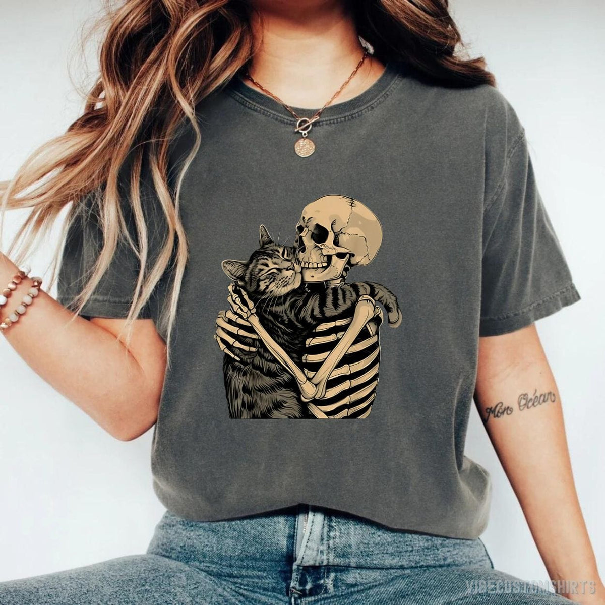 Skeleton Hugging Cat Halloween Meme Shirt product image 3