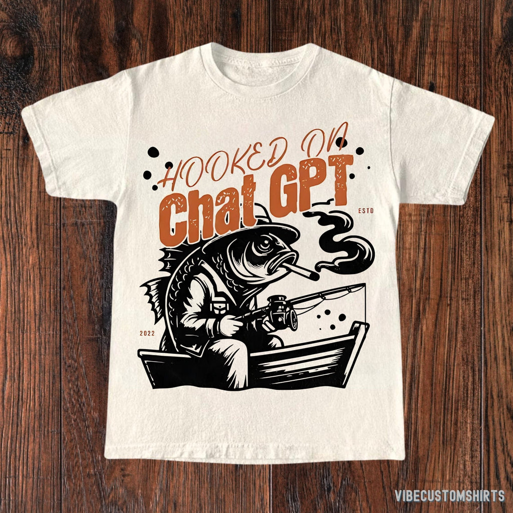Hooked On Chat GPT Funny Shirt, Vintage Fishing T-Shirt, Ai product image 1